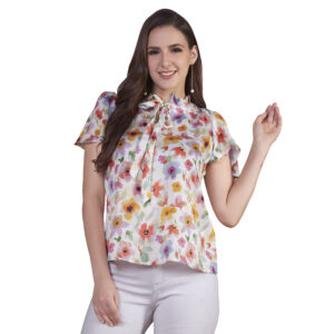Floral Tie-Neck White Printed Top