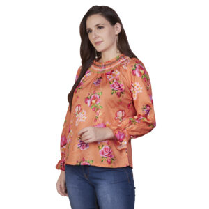 Floral Printed Orange Statement Neck Top