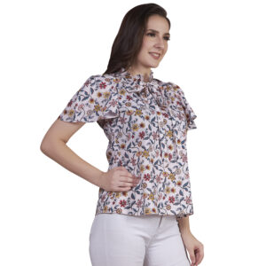 Floral Printed White Ruffle-Tie Neck Top